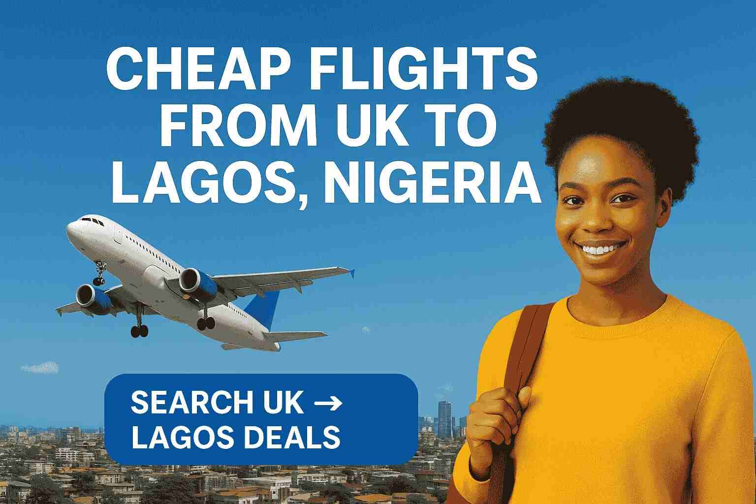 "Cheap flights from UK to Lagos Nigeria – FlyBritannia deals from London, Manchester, Birmingham to Lagos (LOS)." "Book affordable UK to Lagos flight tickets with FlyBritannia – compare fares from Heathrow, Gatwick & Manchester."